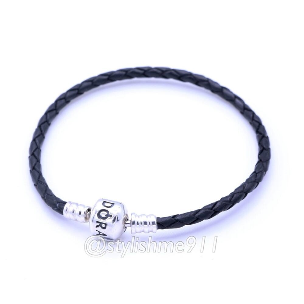 Authentic Pandora Black Leather Bracelet with Silver Clasp